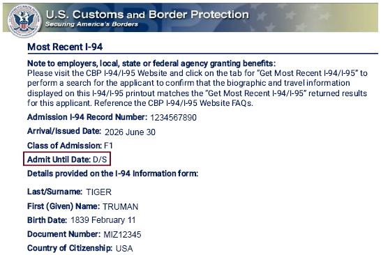Screenshot of a sample I-94 record for Truman Tiger showing an admit until date of D/S.