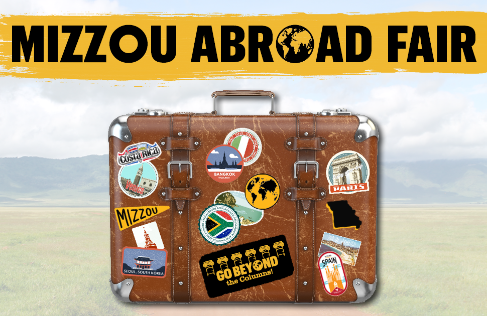 Mizzou Abroad Fair ad shows a suitcase with stickers from countries around the world