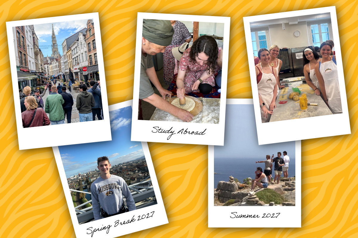 Collage of polaroid photos showing Mizzou students abroad