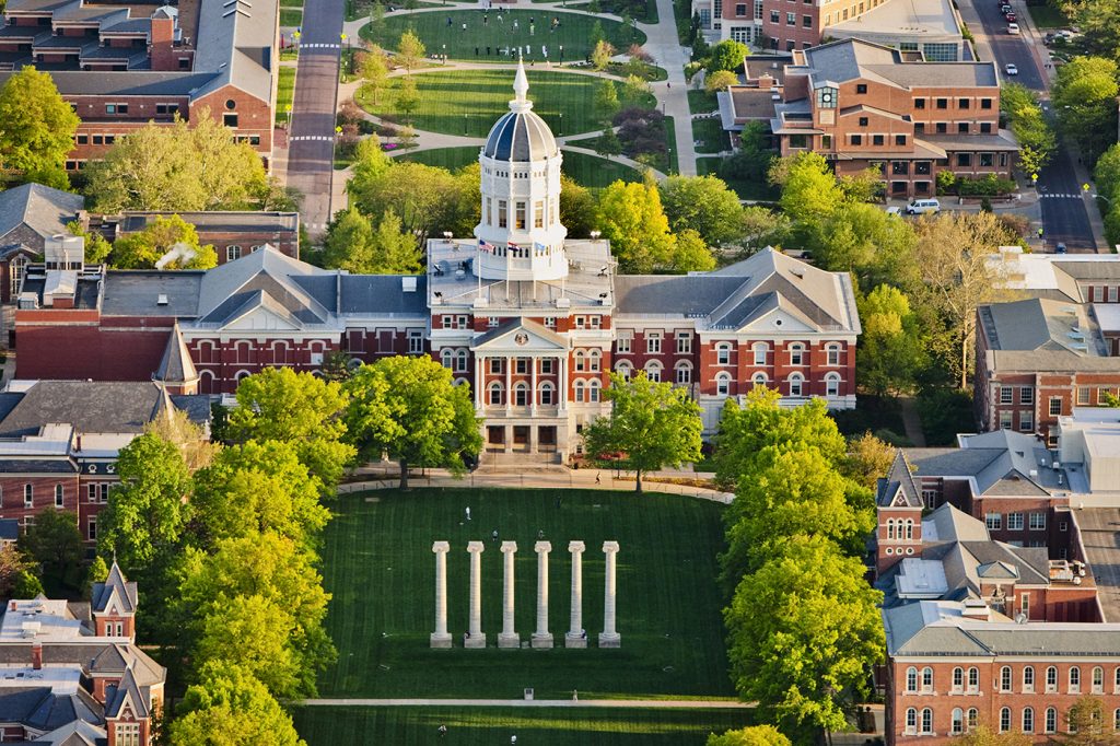 An aerial view of the Columns, Jesse Hall and surrounding buildings on the University of Missouri campus.